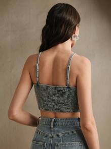Anewsta Rhinestone Embellished Denim Crop Top For Women, Fashionable & Luxurious - Light Wash - View 5