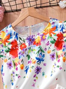 SHEIN 2pcs/Set Tween Girl Elegant Floral Print Top & Skirt With Belt - Multicolor - View 8