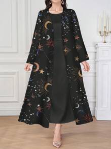 Al Najma Casual Long Sleeve Abaiya Robe With Minimalist Graphic Details, Abayas,Modest - Multicolor - View 3