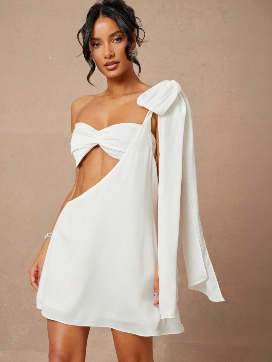 L'Amorae One Shoulder Flared Mini Dress Ruched Inner Top 2 Pcs Set Christmas Dress - White - View 1