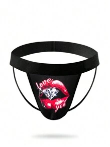 Men's Digital Letter And Lip Print Thong Underwear - Hot Pink - View 4