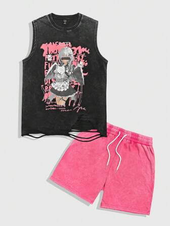 Anime Men's Anime Cartoon Character Round Neck Vest And Shorts Set