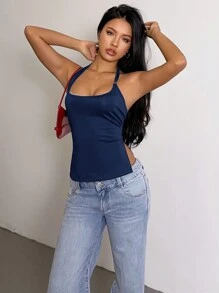 SHEIN SXY Top casual negro sin mangas con abertura en el bajo y cuello de halter