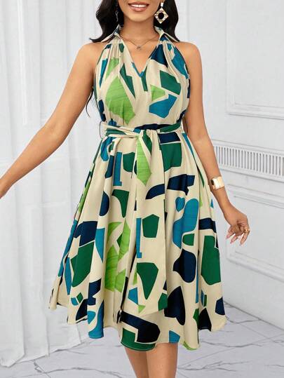 SHEIN Lady Holiday Dresses Geometric Print Bow Waist Dress For Women Summer