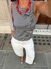 时尚黑白格子蝴蝶结元素女式上衣 - 黑與白 - 查看 1