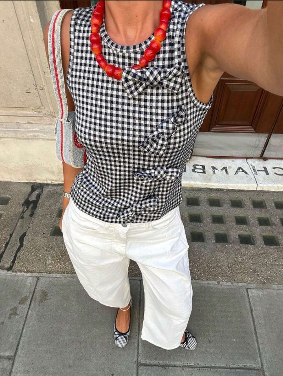 时尚黑白格子蝴蝶结元素女式上衣 - 黑與白 - 查看 1