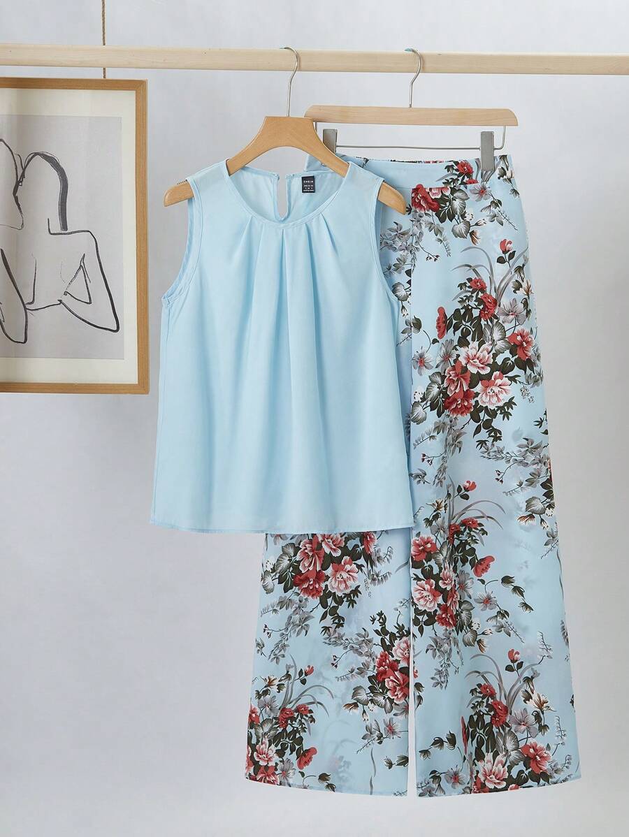 SHEIN Clasi 2pcs Women Chiffon Solid Color Blouse And Floral Wide Leg Pants Elegant Suit Set - Baby Blue - View 1