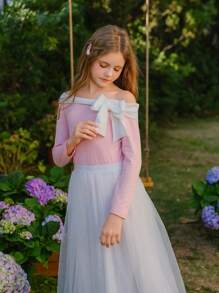 SHEIN Tween Girl 2 Pieces Set, Includes Off Shoulder Long Sleeve Bowknot Fitted Top In Pink And White Mesh Maxi Skirt, Elegant Casual Style For Spring/Summer Vacation, Girls Luxury Party Outfit