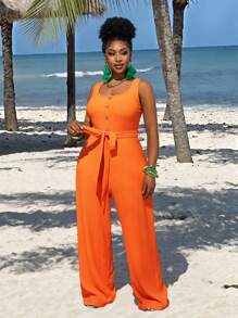 Slaydiva 2025 New Orange Versatile Casual Jumpsuits, Minimal Design Sleeveless Rompers For Spring/Summer Daily Wear, Plus Size - Orange - View 6