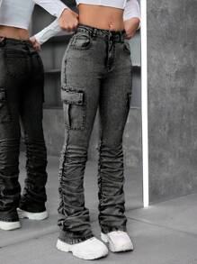 SHEIN Teen Girls Y2K Stonewashed Flared Jeans With Pleats And Flap Pocket Stacked Jeans - Light Grey - View 6