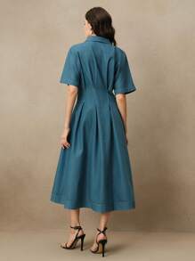 Anewsta 女士牛仔蓝色收腰喇叭形 A 字长衬衫裙，春夏季别致风格