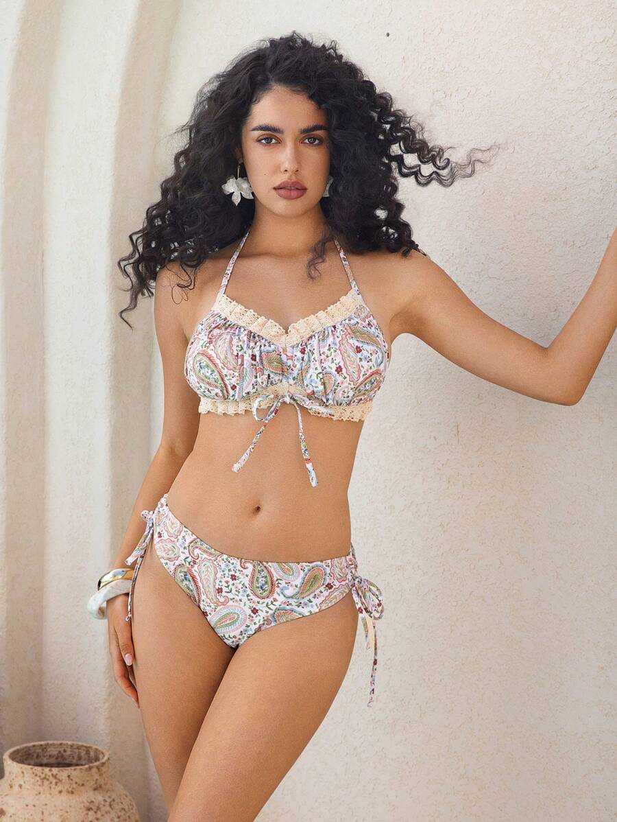 Random Paisley Print Halter Lace Trim Drawstring + Drawstring Bowknot Triangle Bottom 2pcs Women Swimwear Set, Beach Outfits For Summer Beach Vacation