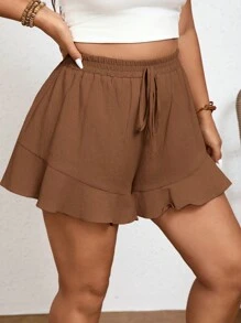Elaquor 2 Pcs/Set Plus Size Solid Color Shorts With French Ruffle Hem Spring To Summer - Brown - View 11