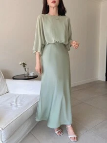 DAZY 女士圆领短袖网纱拼接休闲中长连衣裙吊带裙长款连衣裙 - 綠色 - 查看 4