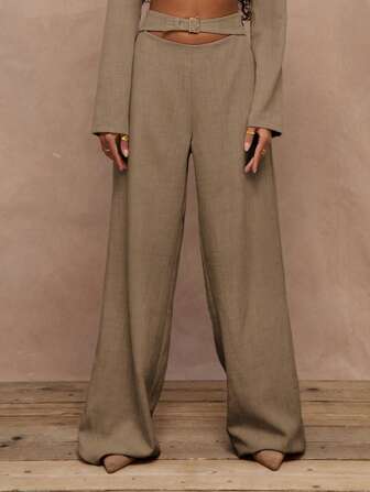 SHEIN X Scheana MUSERA Tailored Buckle Fastening Front Cut Out Detail Wide Leg Trousers High Waisted Professional Business Casual Vacation Fall Winter Autumn Work Office Old Money Date Night Going Out Back To School Wedding Guest Christmas Suit Cute Everyday Linen Woven