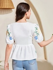 SHEIN 少女春夏花卉印花仿刺绣前胸系带泡泡袖荷叶边衬衫/度假/休闲海滨度假 - 白色 - 查看 2