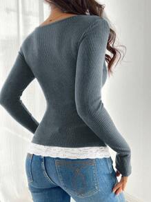 Chiquease Camiseta de cuello redondo de mujer con diseño de empalmado de encaje y terciopelo acanalado marrón, diseño de falso 2 piezas, para otoño/invierno