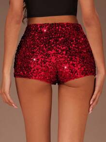 SHEIN SXY 秋季女装；性感约会俱乐部高弹力银珠超低腰短裤；女士纯银闪亮亮片紧身超级短裤，非常适合约会之夜、单身派对、鸡尾酒会、圣诞派对和其他迷人的夜晚活动 - 紅色 - 查看 2