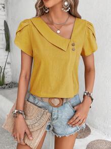 EMERY ROSE 女士夏季纯色不对称荷叶边袖宽松休闲衬衫 - 黃色 - 查看 5