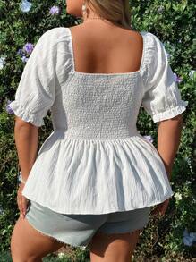 Flirla Große Größen Boho Weiß V-Ausschnitt Taille geraffte Bluse mit niedlichen Muschel Träger, geeignet für den Sommer Alltag, Strandurlaub, modisch, lässig, leicht sexy - Weiss - Übersicht 3
