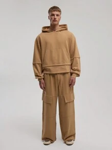 Musero Wide Leg Baggy Fit Double Knee Panelled Heavy Jersey Jogger Elasticated Drawstring Waistband Tracksuit Sweatpants Only Autumn Winter Wardrobe - Camel - View 1