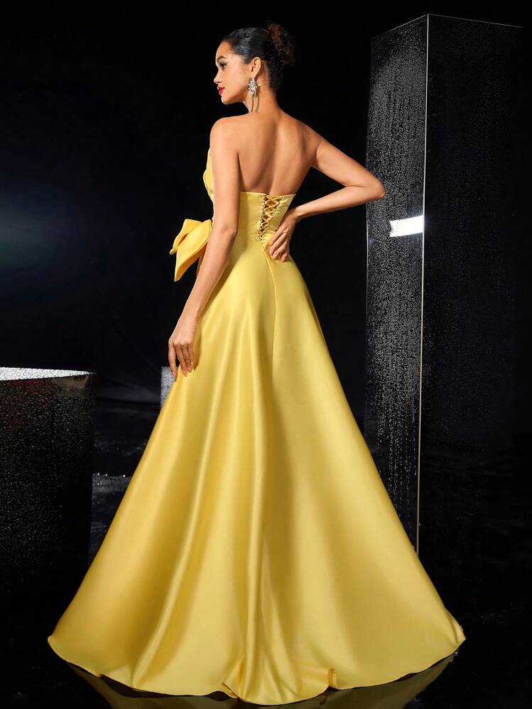 Glamrae Vestido de Convidado de Casamento Elegante e Romântico de Verão em Cetim Amarelo com Laço Grande Plissado, Fenda Alta, Adequado para Jantar, Festa de Formatura, Encontro, Baile de Formatura, Casamento, Evento da Noite, Vestido Formal, Vestido Longo, para o Dia dos Namorados - Amarelo - Visão 4