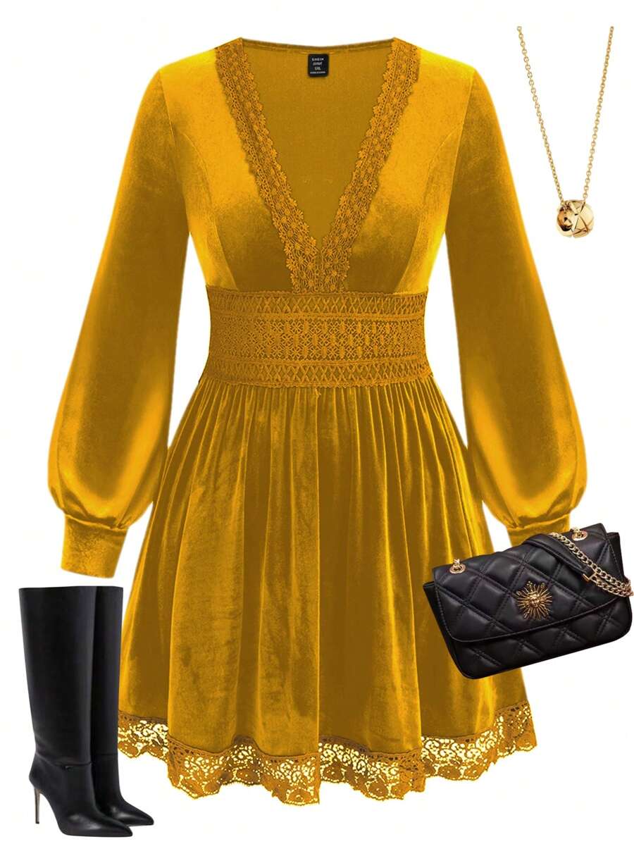 Celure Plus Size Casual Minimalist Daily Wear Dress - Mustard Yellow - View 1