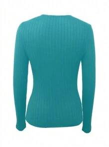 SHEIN LUNE Camiseta de cuello alto de manga larga de ajuste ceñido en color negro, elegante para usar en fiestas en invierno - Azul menta - Ver 5