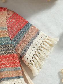 SHEIN 斋月女孩休闲度假波西米亚条纹针织腰部饰边拼布荷叶边下摆连衣裙配单肩包，夏季 - 彩色 - 查看 5