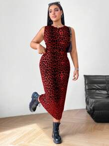SHEIN EZwear 大码女式豹纹无袖连衣裙，适合游轮、返校节 - 紅色 - 查看 5