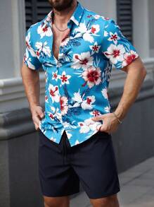 Manfinity RSRT Manfinity RSRT Men's Floral Print Short Sleeve Single-Breasted Shirt And Shorts 2 Pieces Set, Men Two Pieces Outfits, Summer Shirts For Men, Men Shirts Tropical, Men Summer Shirts