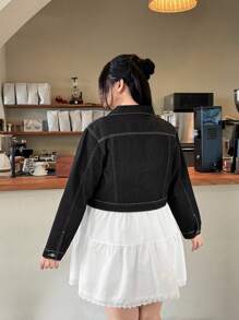 SHEIN EZwear Plus Size Front Button Long Sleeve Pocket Simple Casual Denim Shirt - Black - View 5