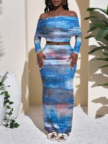 Slaydiva Elegant Party Sexy Off Shoulder Tie Crop Top & Maxi Skirt 2 Pieces Floral Print Set - Blue - Multicolor - View 6