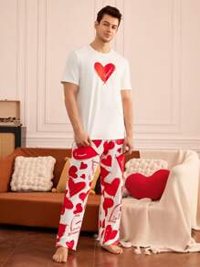 Notgurli Men's Pajama Set With Heart Pattern T-Shirt And Long Pants, For Christmas - Red and White - View 6