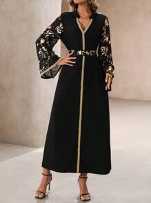 SHEIN Clasi Áo choàng dài bằng vải chiffon rộng rãi có thắt lưng cho tiệc lễ của phụ nữ, phong cách Ramadan - màu đen - Xem 3