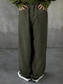 FRIFUL Women Solid Color Pockets Casual Loose Pants, Everyday Wear