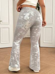 SHEIN EZwear Plus Size Metallic Foil Print Slimming Flare Pants With Pockets, Spring/Summer