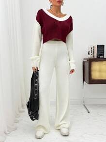 EURMUSE Women Cable Knit Pattern V-Neck Pullover & Sweater Pants Set - Multicolor - View 3