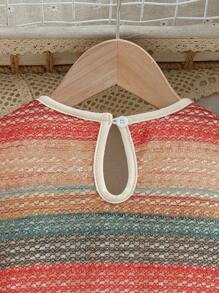 SHEIN 斋月女孩休闲度假波西米亚条纹针织腰部饰边拼布荷叶边下摆连衣裙配单肩包，夏季 - 彩色 - 查看 6