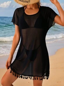 Swim Lushoire Vestido de cubrir con mangas cortas, bajo con flecos y malla para mujer, ideal para vacaciones en la playa de verano - Negro - Ver 4