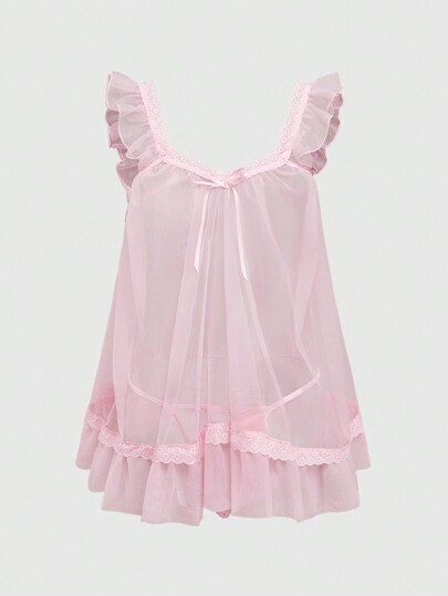 Babydoll Kawaii Cute Loose Sheer Dress, Mesh Lace Patchwork Bow Mini Dress, Sexy Tulle Dress Set