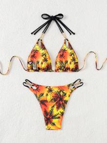 Slaydiva Summer Women's Sexy Backless Tie-Up Graphic Bikini 2 Pieces Bikini Set - Multicolor - View 4