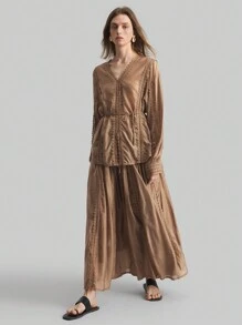 Ontre 女士 2 件套撞色蕾丝 V 领宽松长袖衬衫和长裙度假套装波西米亚风