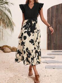 Breezaya 女式花卉印花盖袖收腰喇叭连衣裙 - 彩色 - 查看 4