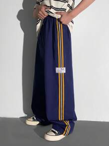 SHEIN Tween 男童休闲百搭舒适松紧腰字母织标直筒宽松纯色裤子，适合通勤、上学、日常生活、度假、运动、春季、夏季、秋季、冬季