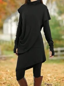 Maglietta casual con collo alto e orlo asimmetrico, di colore unito, da donna