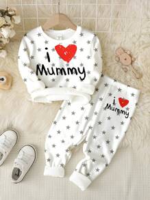 SHEIN Conjunto cómodo de "Amo a mami" para niño bebé, con camisa de manga larga y pantalones largos de ajuste holgado y minimalista, adecuado para otoño/invierno
