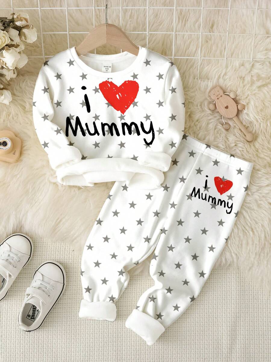 SHEIN Conjunto cómodo de "Amo a mami" para niño bebé, con camisa de manga larga y pantalones largos de ajuste holgado y minimalista, adecuado para otoño/invierno