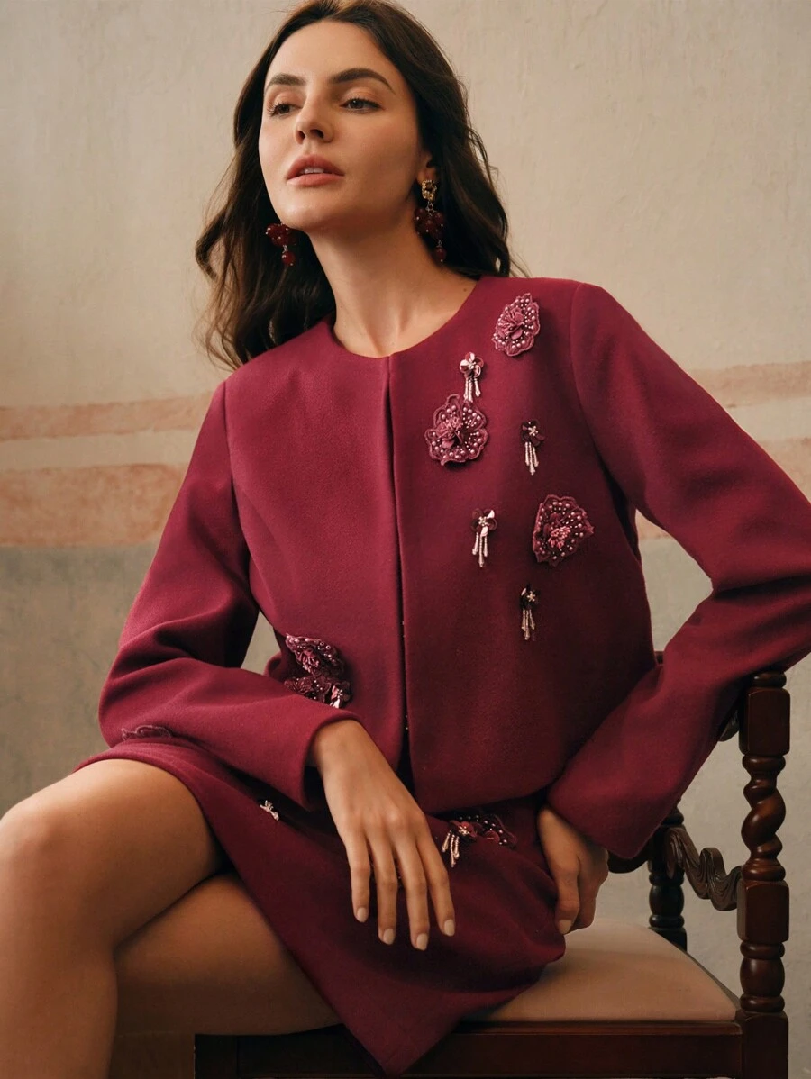 Anewsta 2 件套女士优雅手工花朵耳钉水钻仿珍珠，秋季 - 酒紅色 - 查看 1