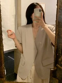 DAZY Women's Plain V-Neck Short Sleeve Casual Blazer Jacket, Spring/Summer Business Attire - Apricot - View 6